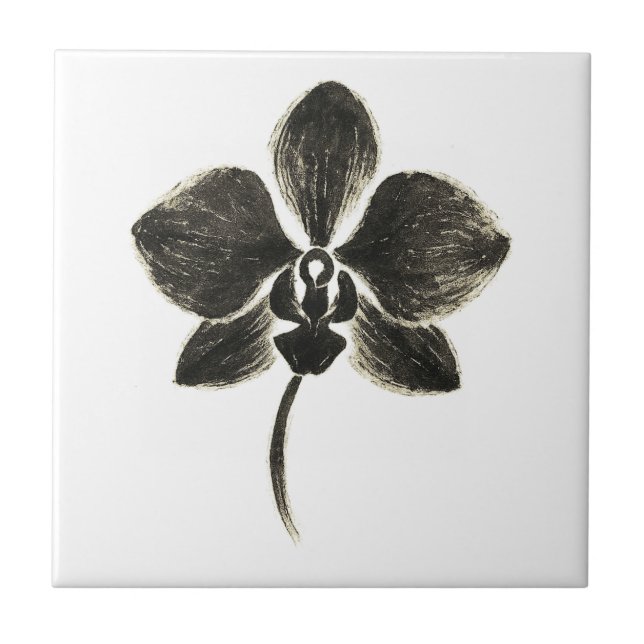 Orchid Line Drawing – Ink Floral Design on Ceramic Tile (Front)