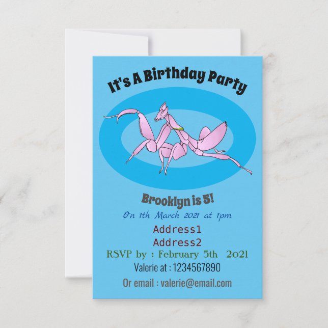Orchid mantis cartoon illustration invitation (Front)