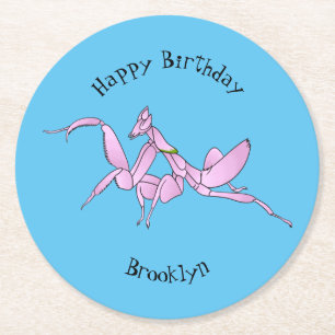 Orchid mantis cartoon illustration round paper coaster