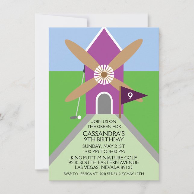 Orchid Miniature Golf Windmill Birthday Party Invitation (Front)