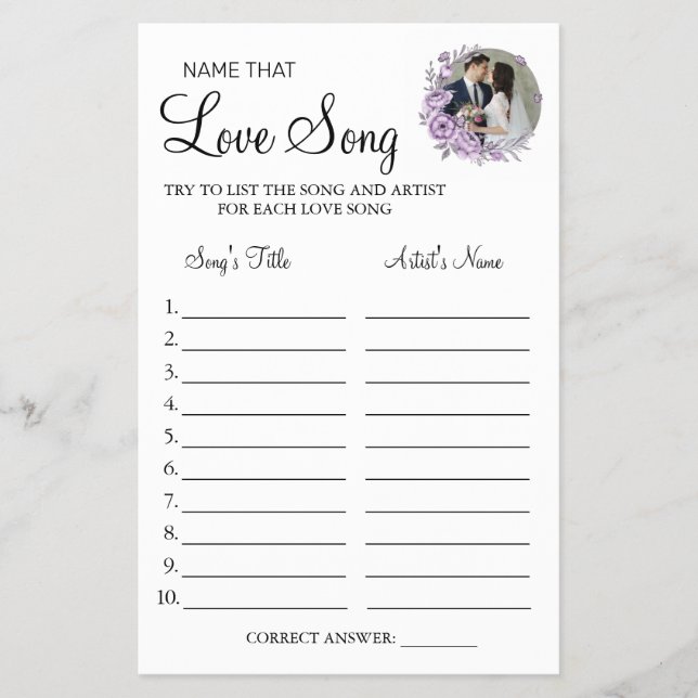 Orchid Name that love song shower game card (Front)