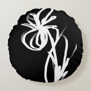 Orchid Noir: Abstract Black and White Round Cushion