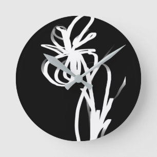 Orchid Noir: Abstract Black & White Round Clock
