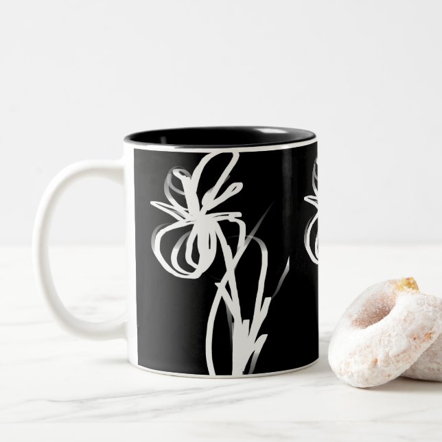 Orchid Noir: Abstract Black & White Two-Tone Coffee Mug (With Donut)