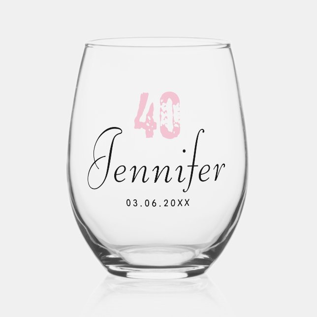Orchid Pink Birthday Number | Black Name Date Stemless Wine Glass (Front)