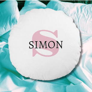 Orchid Pink Initial and Black Name Modern Round Cushion