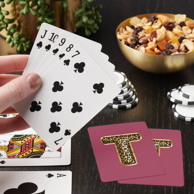 Orchid Pink Leopard Print Letter T Playing Cards (In Situ)