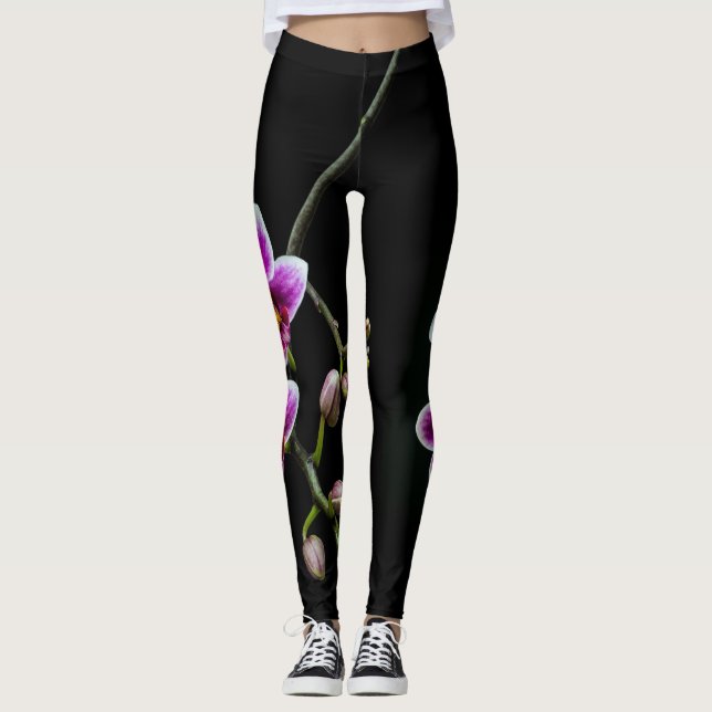 Orchid pink white colour on black pale gentle leggings (Front)