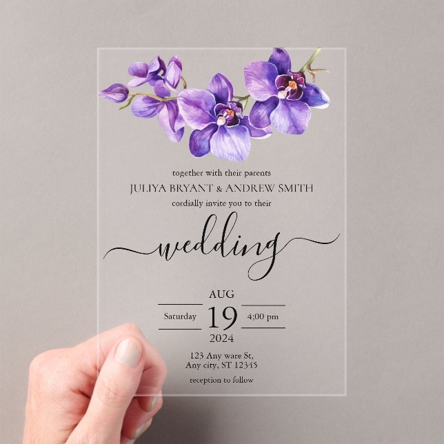Orchid purple and white Script wedding Acrylic Invitations (Insitu (Handheld))