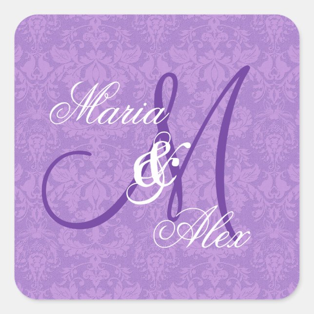 Orchid Purple Damask Wedding  Monogram S530A Square Sticker (Front)