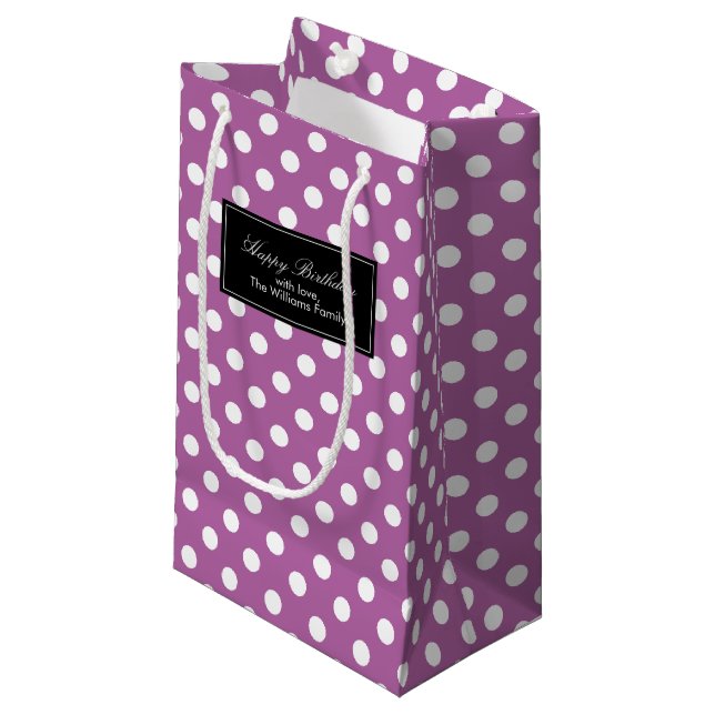 Orchid Purple Polka Dots Personalised Small Gift Bag (Front Angled)