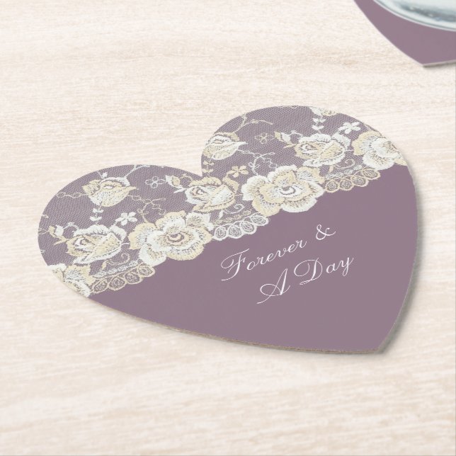 Orchid Purple White Lace Floral Wedding Paper Coaster (Angled)