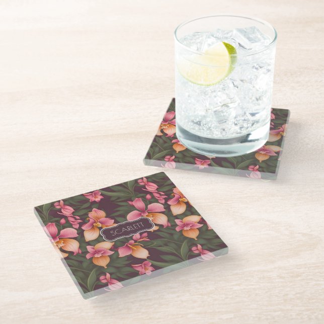 Orchid Retro Colourful Personalised Pattern Glass Coaster (Angled)