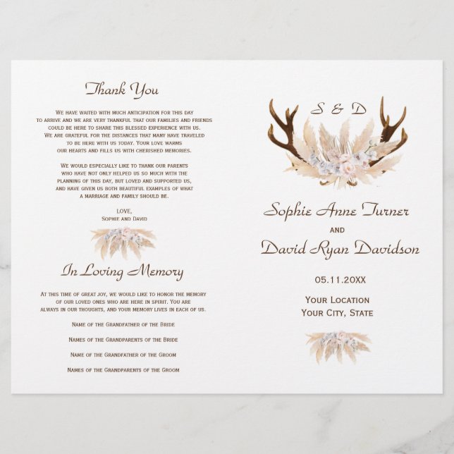 Orchid Roses Pampas Grass Antlers Wedding Program Flyer (Front)