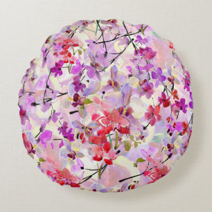 Orchid-Sakura Watercolor Backgrounds Round Cushion