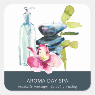 ORCHID STONE BAMBOO WATERCOLOR SPA MASSAGE THERAPY SQUARE STICKER