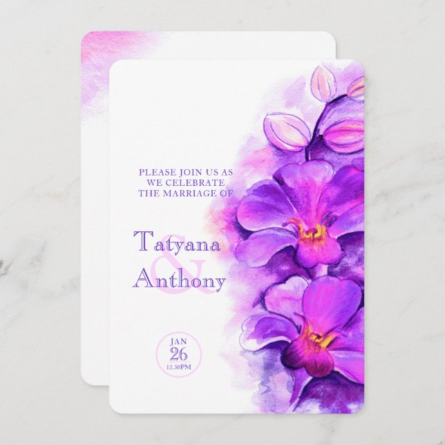 Orchid stylised watercolor purple wedding invitation (Front/Back)
