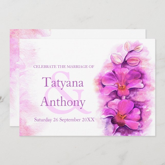 Orchid stylised watercolor purple wedding invite (Front/Back)