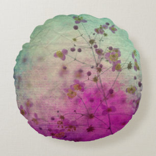 Orchid teal and purple floral script round cushion