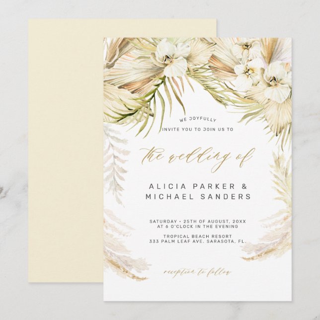 Orchid tropical bohemian gold pampas grass wedding invitation (Front/Back)