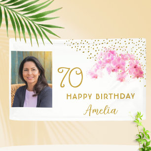 Orchid Watercolor Gold Glitter 70th Birthday Photo Banner