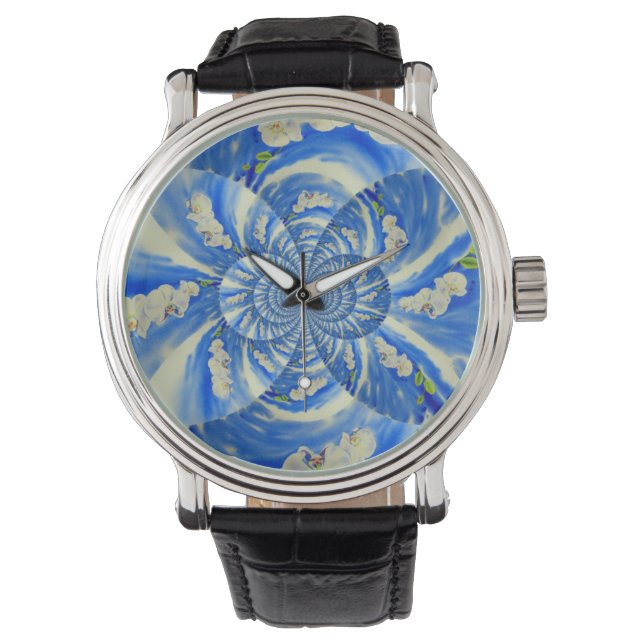 Orchid Watercolor painting, breeze, Clouds Mandala Watch (Front)