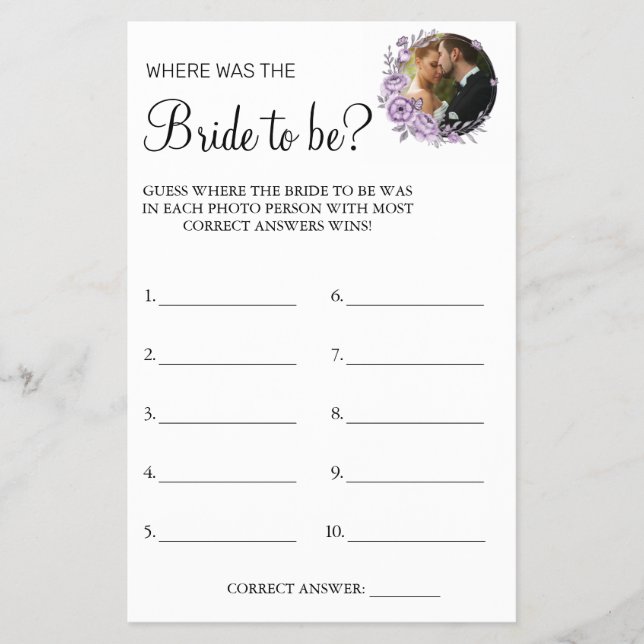 Orchid Where was She Bridal shower game card (Front)