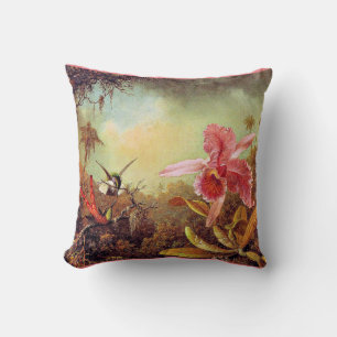 Orchid with Two Hummingbirds, fine art painting Cushion