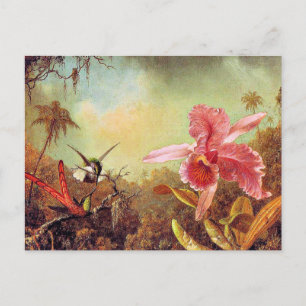 Orchid with Two Hummingbirds, fine art painting,  Postcard