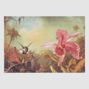 Orchid with Two Hummingbirds, fine art painting Tissue Paper