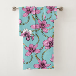 Orchids and chains, pink and blue bath towel set