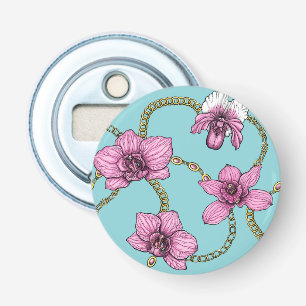 Orchids and chains, pink and blue bottle opener