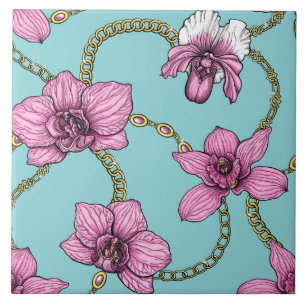 Orchids and chains, pink and blue ceramic tile