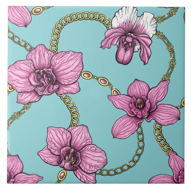 Orchids and chains, pink and blue ceramic tile (Front)
