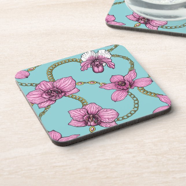 Orchids and chains, pink and blue coaster (Left Side)