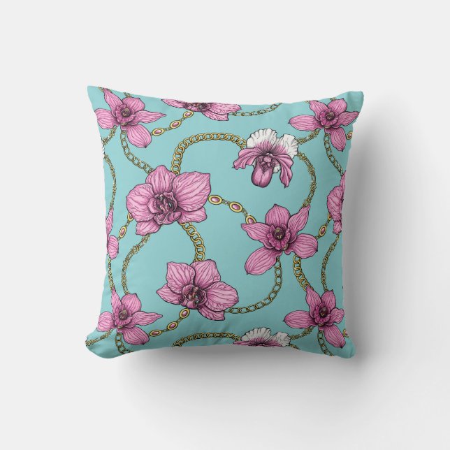 Orchids and chains, pink and blue cushion (Front)