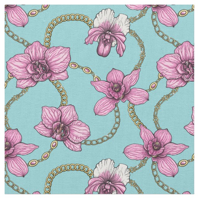Orchids and chains, pink and blue fabric (Close Up)