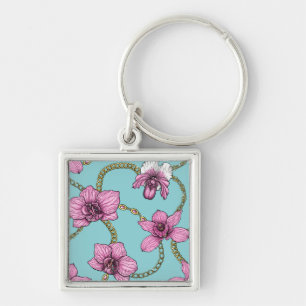 Orchids and chains, pink and blue key ring