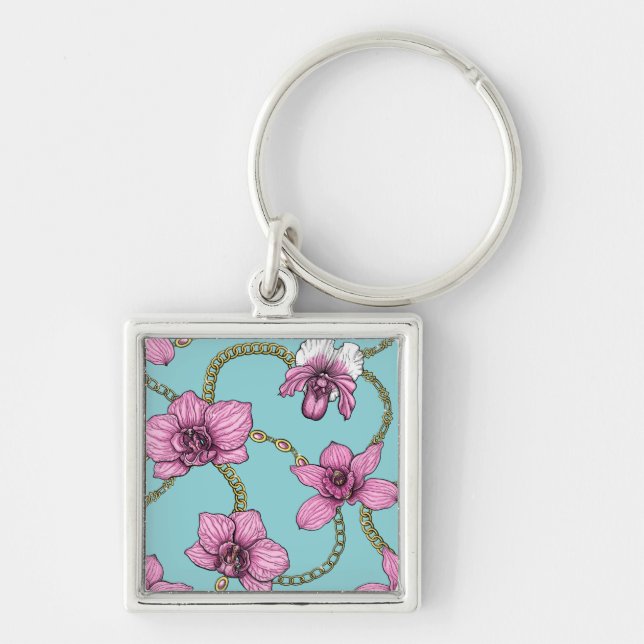 Orchids and chains, pink and blue key ring (Front)