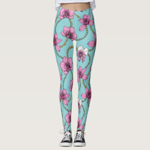 Orchids and chains, pink and blue leggings
