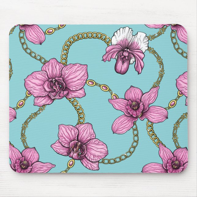 Orchids and chains, pink and blue mouse pad (Front)
