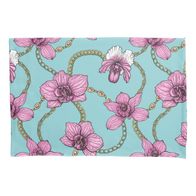 Orchids and chains, pink and blue pillowcase (Front-Left)
