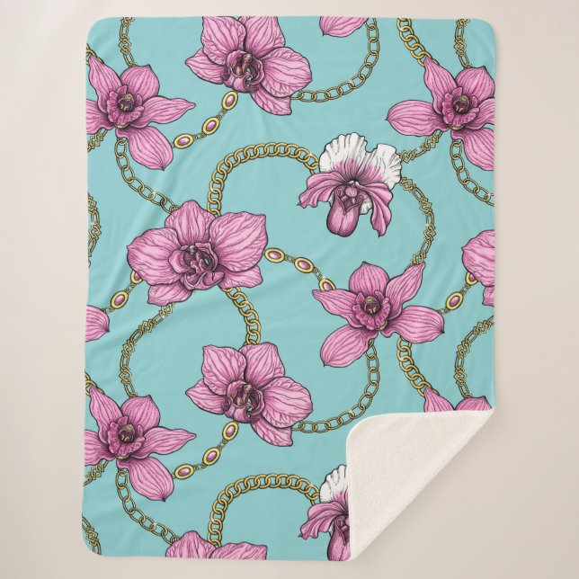 Orchids and chains, pink and blue sherpa blanket (Front)
