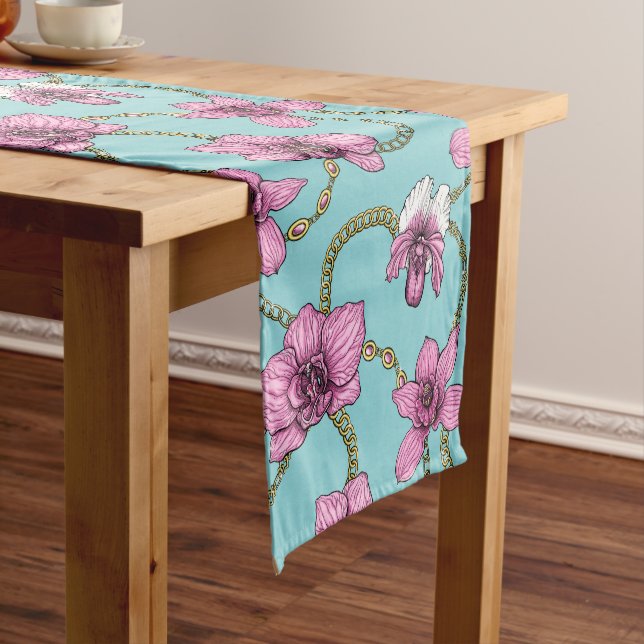 Orchids and chains, pink and blue short table runner (In Situ)