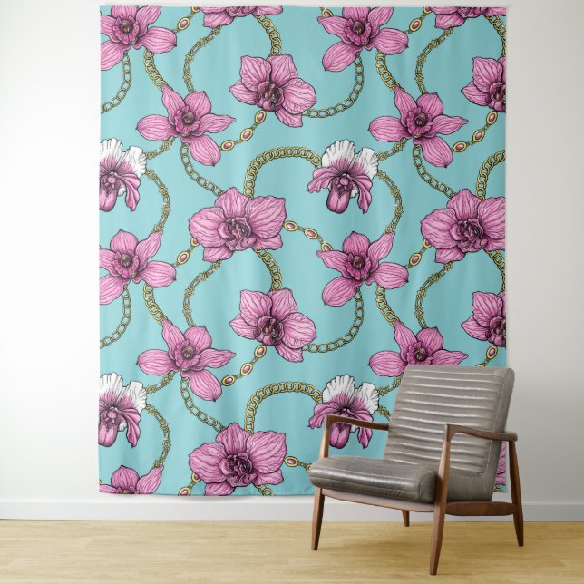 Orchids and chains, pink and blue tapestry (In Situ)