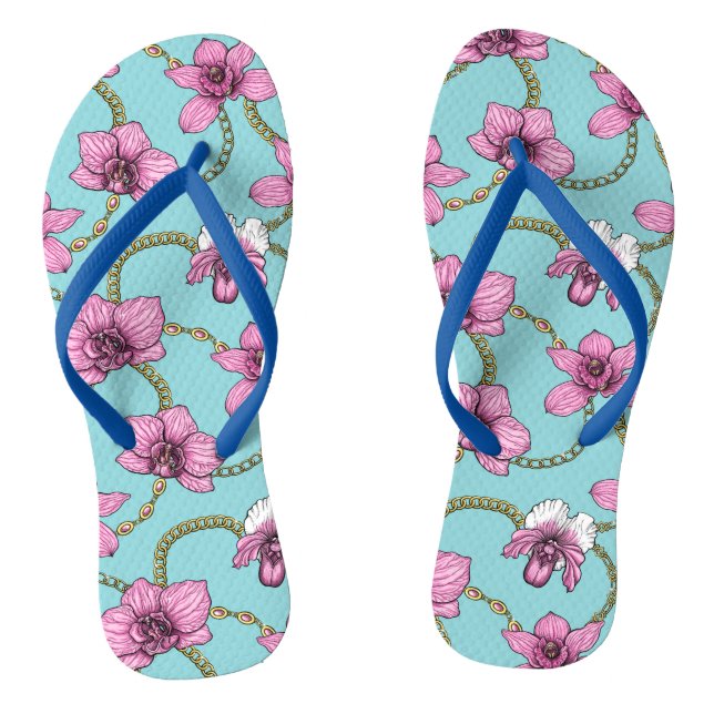Orchids and chains, pink and blue thongs (Footbed)
