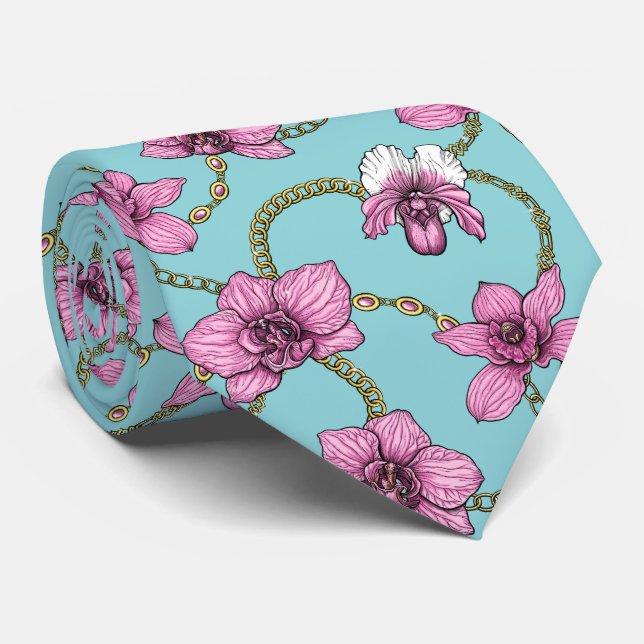 Orchids and chains, pink and blue tie (Rolled)