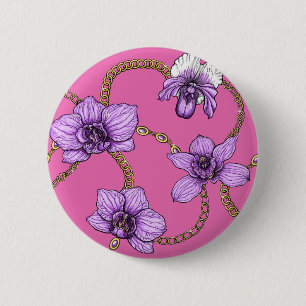 Orchids and chains, violet and pink 6 cm round badge
