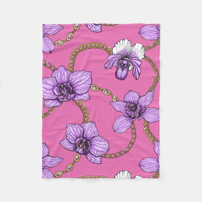 Orchids and chains, violet and pink fleece blanket (Front)