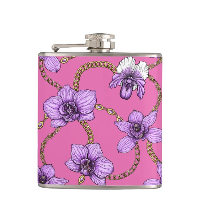 Orchids and chains, violet and pink hip flask (Front)